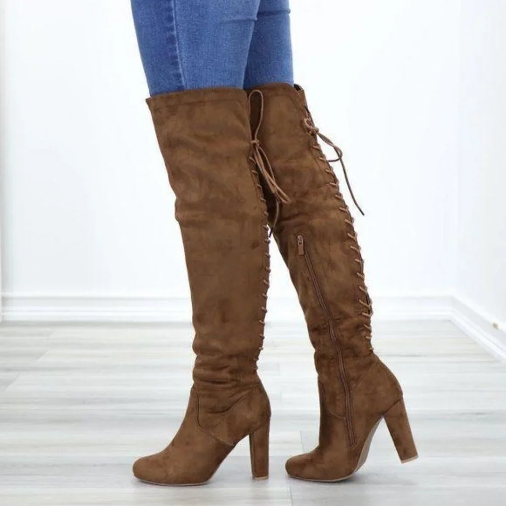 Suede Over The Knee Heeled Boots With Lace Up Back - Picture 2 of 14